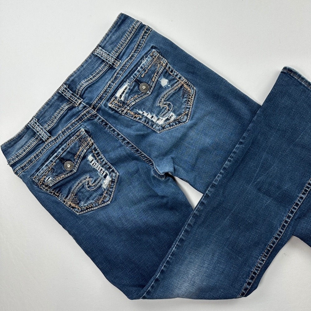 Silver Jeans Suki Slim Boot 31 Blue Medium Wash Distressed Flap Pocket Y2K Boho